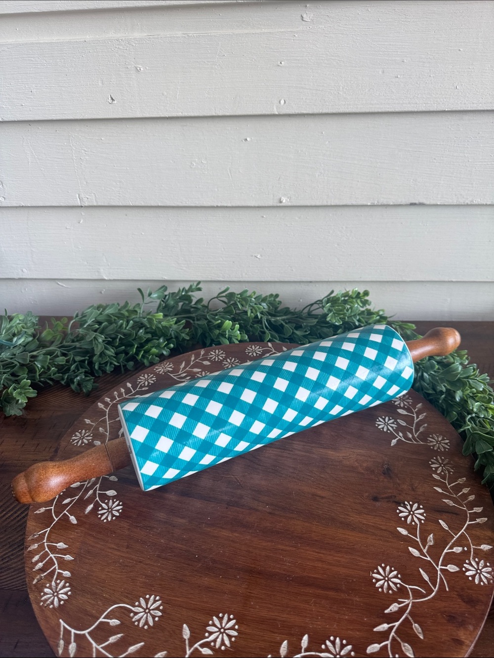 The Pioneer Woman Teal Gingham Pattern Rolling Pin